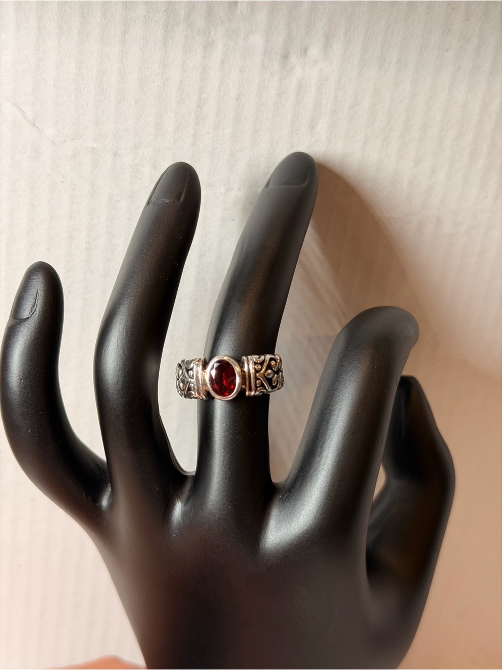 Sterling Silver Garnet Ring with Ornate Band - Size 7
